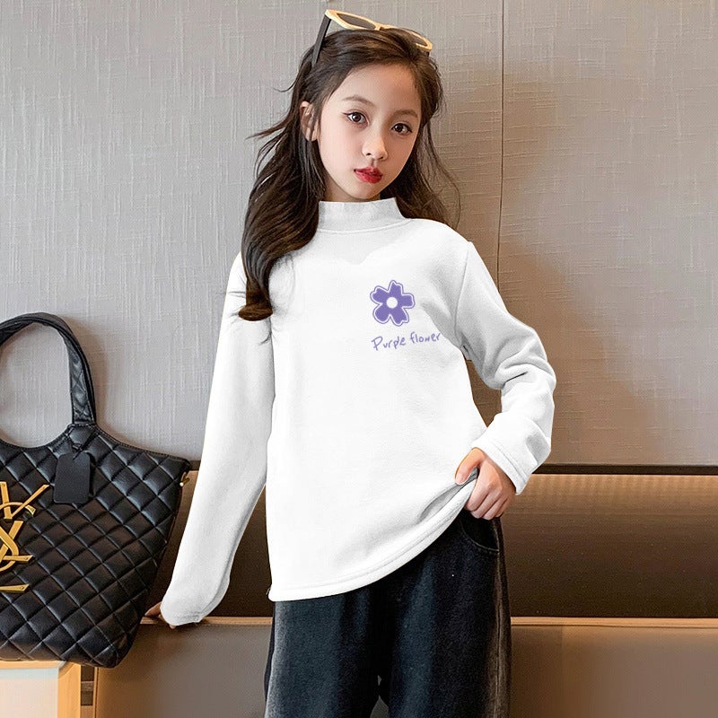 Y2329# Children'S Semi-High Collar Base Shirt Fleece-Lined Warm Long Sleeve T-Shirt For Boys And Girls - Image 3