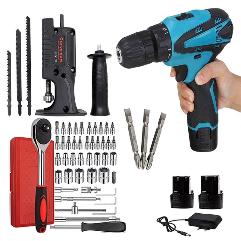 MLD Electric 12V Liion Cordless Drill With Combo Jig saw Attachment for drill machinecordlessscrewdriver machines Extra 50pcs Accessories Tool Kit set JR518 12v1350 RpmMulticolor - Image 1