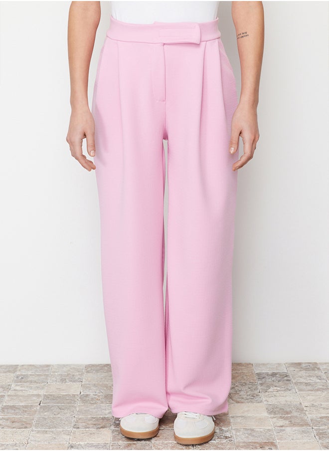trendyol - Pink Hook and Loop Closure High Waist Pleated Wide Leg/Wide Cut Knitted Trousers TWOAW24PL00177 - Image 1
