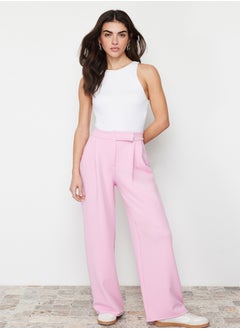 Pink Hook and Loop Closure High Waist Pleated Wide Leg/Wide Cut Knitted Trousers TWOAW24PL00177
