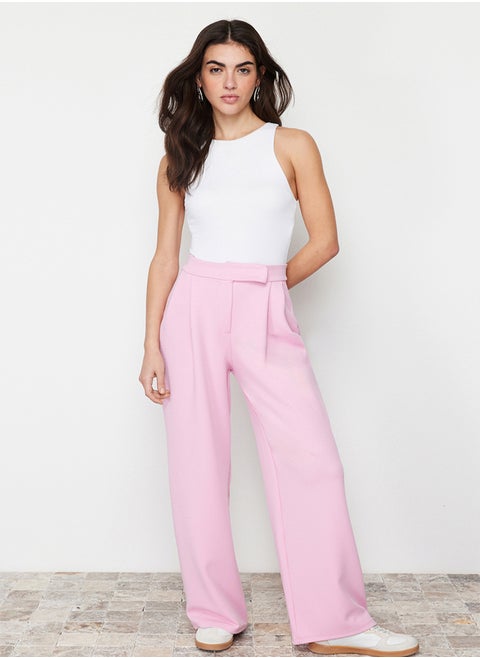 Pink Hook and Loop Closure High Waist Pleated Wide Leg/Wide Cut Knitted Trousers TWOAW24PL00177