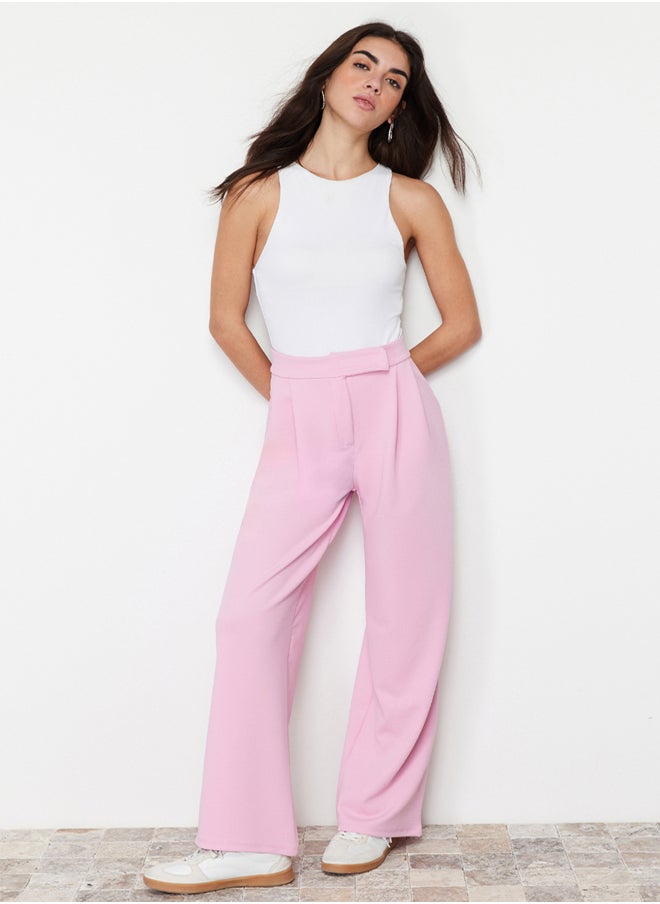 trendyol - Pink Hook and Loop Closure High Waist Pleated Wide Leg/Wide Cut Knitted Trousers TWOAW24PL00177 - Image 1