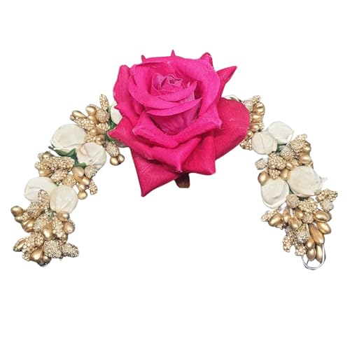 ANVIK Fancy Party Bridal Wedding Fabric/Artificial Rose Flower Bun Juda Hair Gajra for Women Flower Floral Hair Accessories for women Veni for hair (Dark Pink) - Image 2
