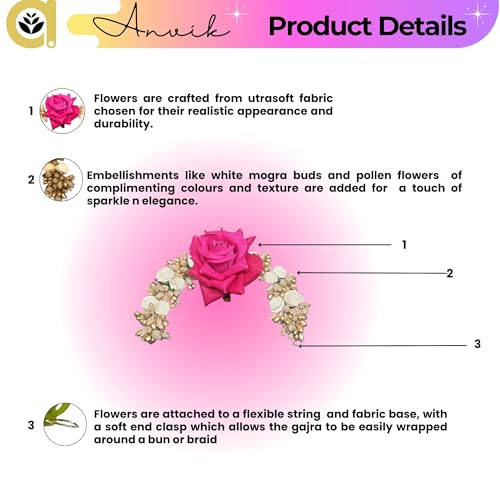 ANVIK Fancy Party Bridal Wedding Fabric/Artificial Rose Flower Bun Juda Hair Gajra for Women Flower Floral Hair Accessories for women Veni for hair (Dark Pink) - Image 3