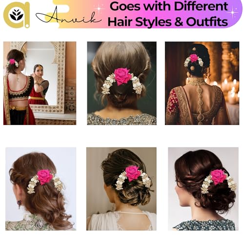 ANVIK Fancy Party Bridal Wedding Fabric/Artificial Rose Flower Bun Juda Hair Gajra for Women Flower Floral Hair Accessories for women Veni for hair (Dark Pink) - Image 5
