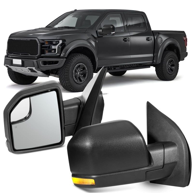 مرآة جانبية كهربائية مدفأة يسار ويمين للسيارة OCPTY تناسب 2015-2019 فورد F150 بيك أب مع إشارة انعطاف وإطار أسود وقابلة للطي يدويًا