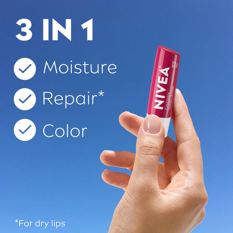 NIVEA Cherry Lip Care, Ruby Tinted Lip Balm Pack with Shea Butter, Nourishing Oils and Vitamin C & E, 3-in-1 Moisture, Repair and Color, 0.17 Oz Stick, Pack of 4 - Image 3