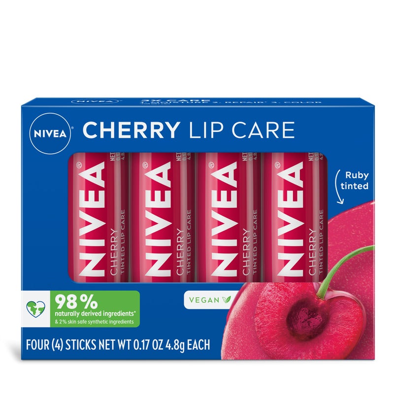 NIVEA Cherry Lip Care, Ruby Tinted Lip Balm Pack with Shea Butter, Nourishing Oils and Vitamin C & E, 3-in-1 Moisture, Repair and Color, 0.17 Oz Stick, Pack of 4 - Image 1