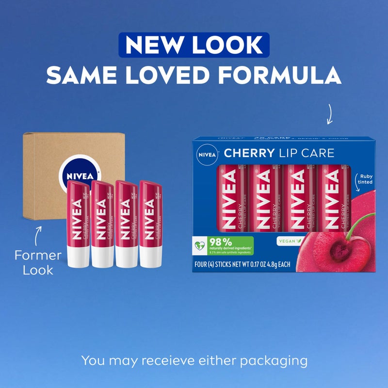 NIVEA Cherry Lip Care, Ruby Tinted Lip Balm Pack with Shea Butter, Nourishing Oils and Vitamin C & E, 3-in-1 Moisture, Repair and Color, 0.17 Oz Stick, Pack of 4 - Image 2