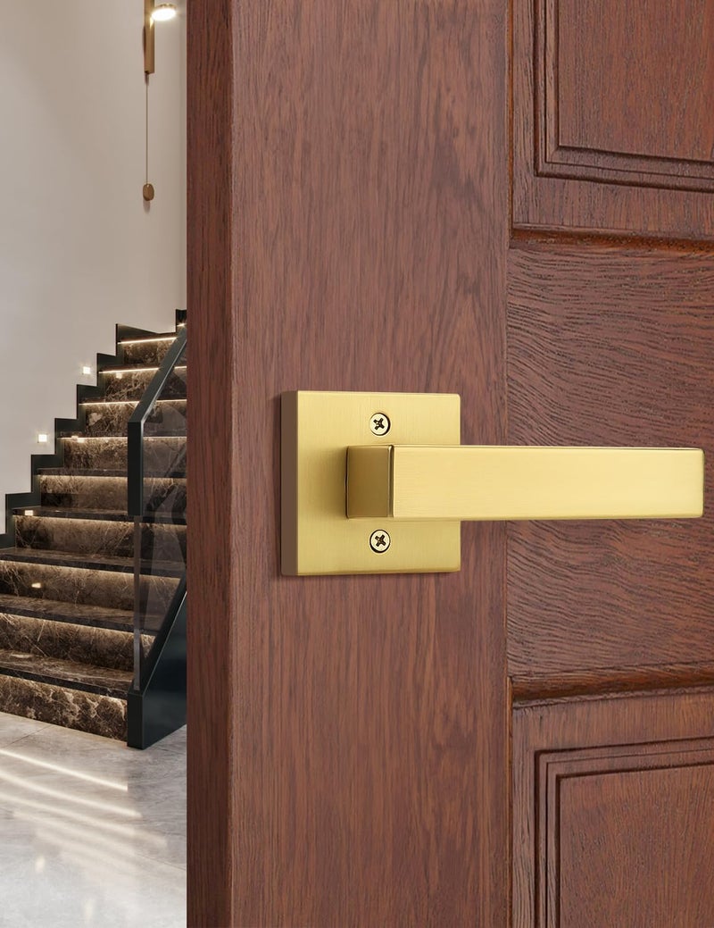 Tinewa 1 Pack Gold Dummy Lever Door Handle for Closet French Doors Satin Brass Finish Interior Dummy Door Lockset for Hall Closet Door Knob Lock Reversible Right Left Handed - Image 2