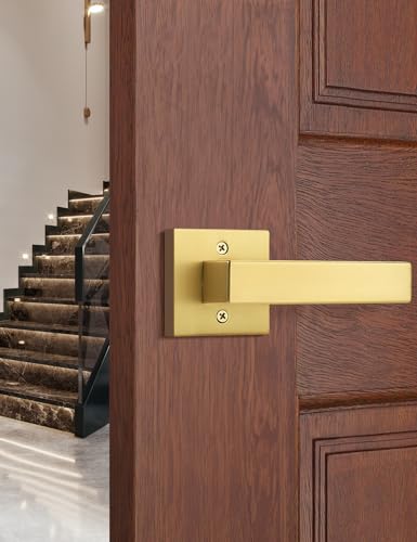 Tinewa 1 Pack Gold Dummy Lever Door Handle for Closet French Doors Satin Brass Finish Interior Dummy Door Lockset for Hall Closet Door Knob Lock Reversible Right Left Handed - Image 1
