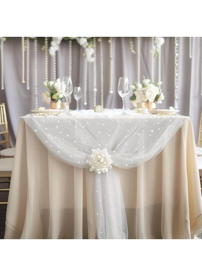 سكينة مفرش طاولة من التل مع لؤلؤ، شرشف طاولة دانتيل شفاف مزين بالخرز، مفرش طاولة بوهيمي ريفي، مفارش طاولات ضيافه لحفلات الزفاف وأعياد الميلاد وحفلات العرائس - Image 2