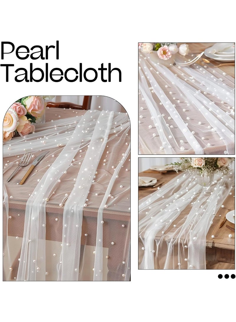 سكينة مفرش طاولة من التل مع لؤلؤ، شرشف طاولة دانتيل شفاف مزين بالخرز، مفرش طاولة بوهيمي ريفي، مفارش طاولات ضيافه لحفلات الزفاف وأعياد الميلاد وحفلات العرائس - Image 3