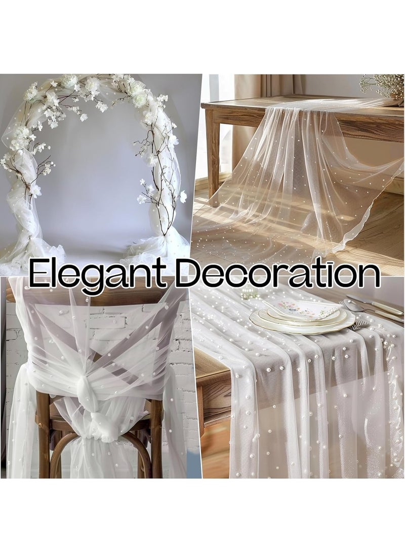 سكينة مفرش طاولة من التل مع لؤلؤ، شرشف طاولة دانتيل شفاف مزين بالخرز، مفرش طاولة بوهيمي ريفي، مفارش طاولات ضيافه لحفلات الزفاف وأعياد الميلاد وحفلات العرائس - Image 5