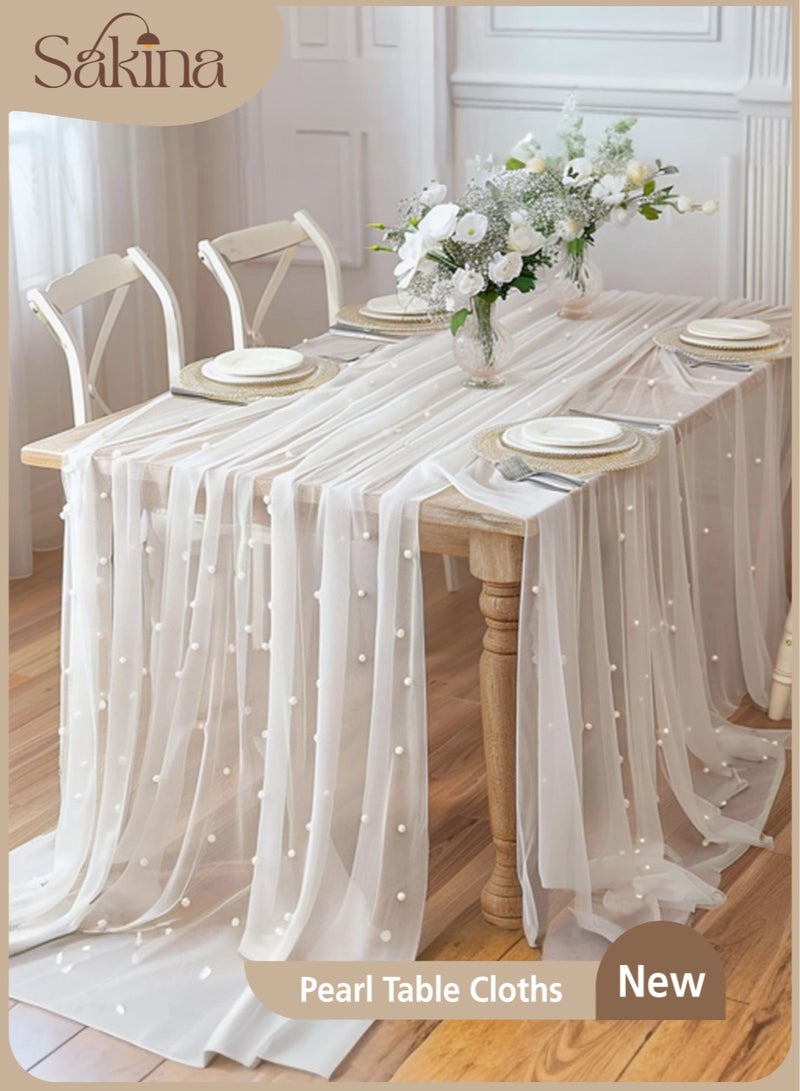 سكينة مفرش طاولة من التل مع لؤلؤ، شرشف طاولة دانتيل شفاف مزين بالخرز، مفرش طاولة بوهيمي ريفي، مفارش طاولات ضيافه لحفلات الزفاف وأعياد الميلاد وحفلات العرائس - Image 1