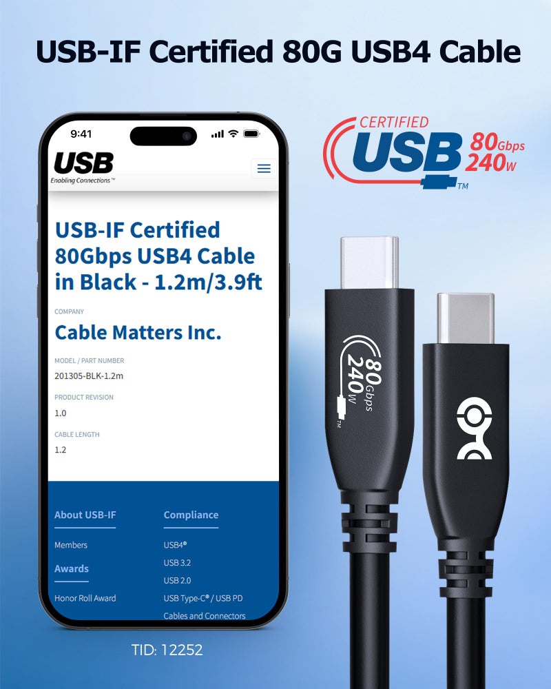 Cable Matters [USB-IF Certified] Cable Matters 80Gbps USB 4 Cable - 3.9ft, Supports Up to [8K@120Hz / 4K@480Hz Video, 240W Charging, 80Gbps Data Transfer] USB4 Cable, Black, Compatible with Thunderbolt 5/4, MacBook - Image 2