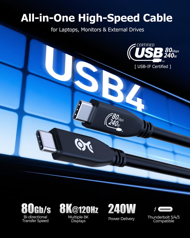 Cable Matters [USB-IF Certified] Cable Matters 80Gbps USB 4 Cable - 3.9ft, Supports Up to [8K@120Hz / 4K@480Hz Video, 240W Charging, 80Gbps Data Transfer] USB4 Cable, Black, Compatible with Thunderbolt 5/4, MacBook - Image 3