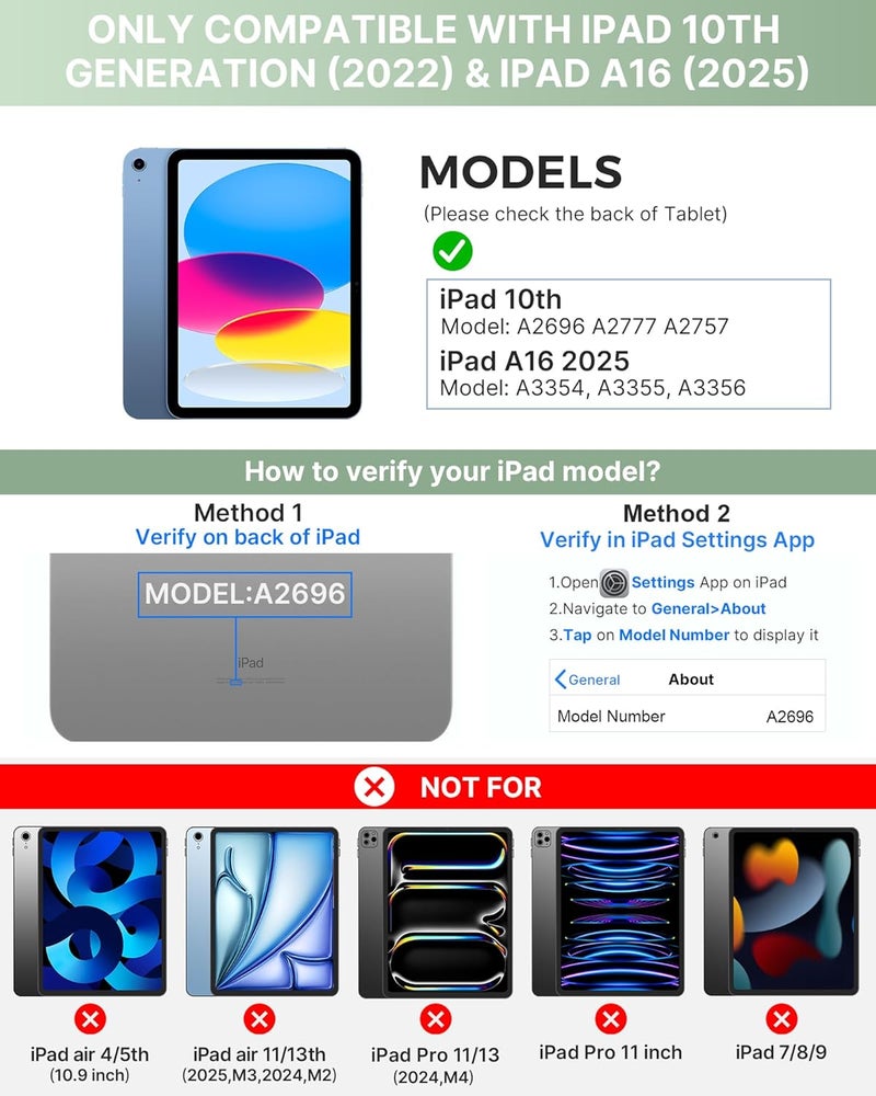 typecase غلاف لوحة مفاتيح تيبكيس فوليو لآيباد الجيل العاشر 10.9 بوصة (2022) وآيباد الجيل الحادي عشر (A16، 2025)، لوحة مفاتيح مغناطيسية لاسلكية قابلة للفصل، إضاءة خلفية بـ 7 ألوان، رفيع وخفيف، حامل للقلم – أخضر ماتشا - Image 2