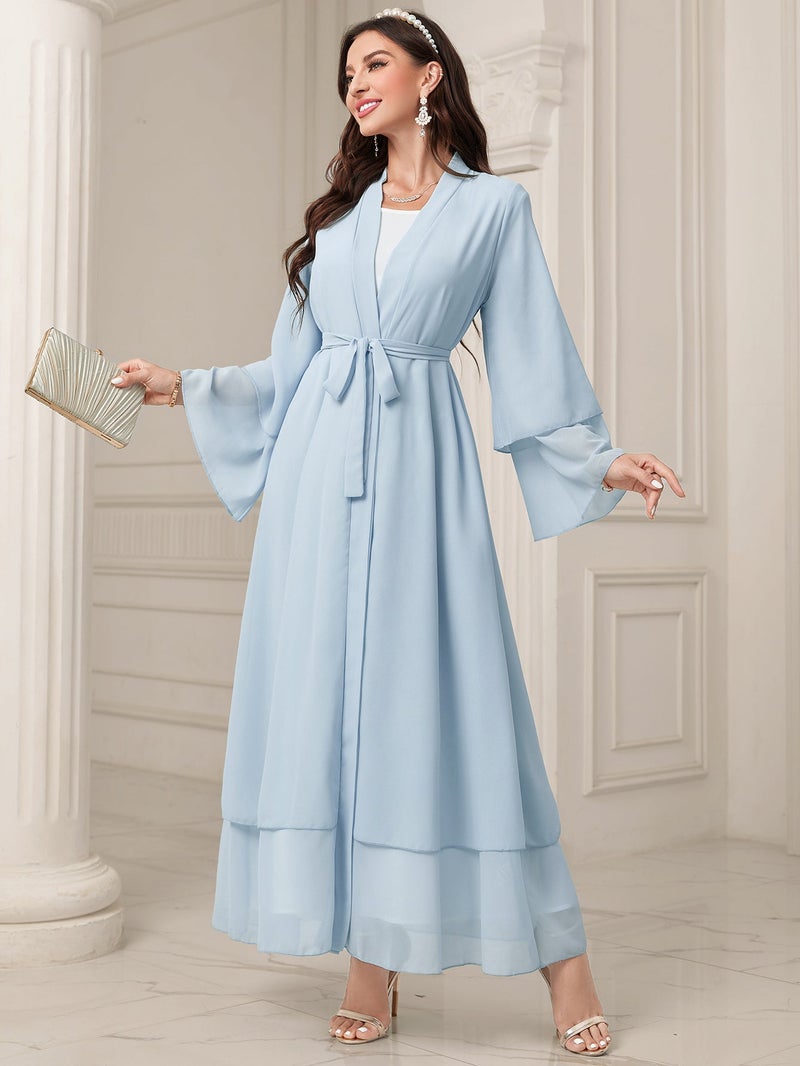 MSL4 Modest Abaya Double-Layer Chiffon Belted Open Front Ramadan - Image 1
