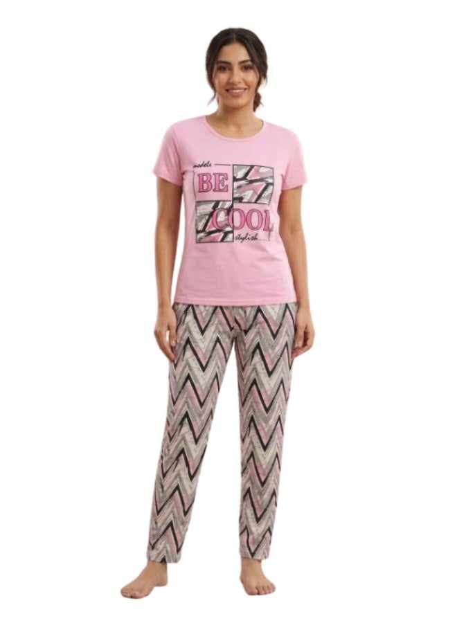 Women's cotton two-piece pajama set - short-sleeved t-shirt and patterned pants - comfortable sleepwear - Image 1