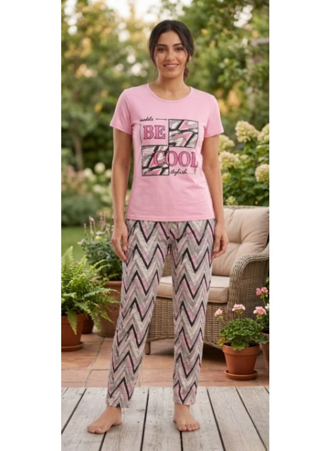 Women's cotton two-piece pajama set - short-sleeved t-shirt and patterned pants - comfortable sleepwear - Image 3