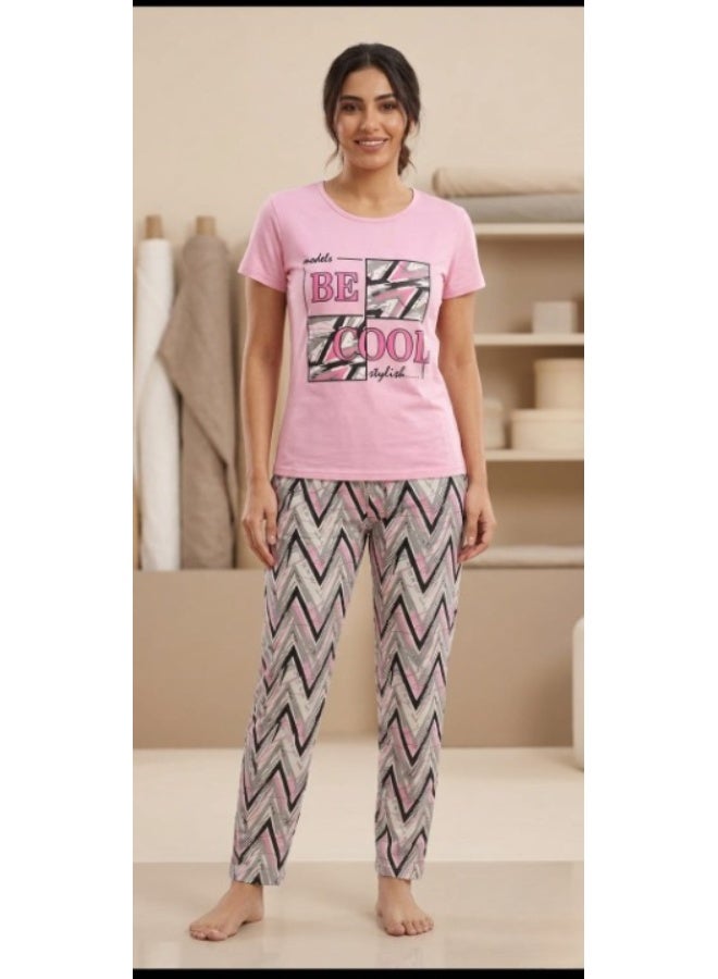 Women's cotton two-piece pajama set - short-sleeved t-shirt and patterned pants - comfortable sleepwear - Image 4