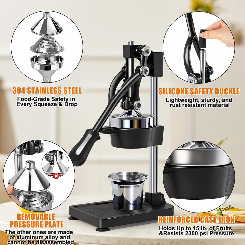 ASIALEO Manual Citrus Juicer|Commercial Hand Press| Heavy Duty Countertop Squeezer for Fresh Orange Lemon Juice|Easy to Use & Clean (balck) - Image 3