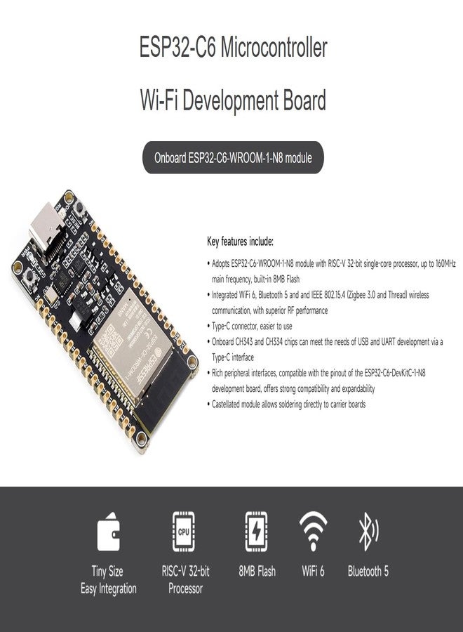 Waveshare ESP32-C6 RISC-V Microcontroller Development Board Integrated WiFi 6, BLE 5 and IEEE 802.15.4 (Zigbee 3.0 & Thread), Adopts ESP32-C6-WROOM-1-N8 Module, Supports USB and UART Development - Image 2