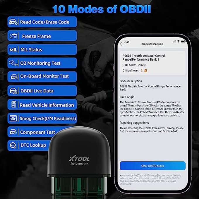 XTOOL Advancer AD20 OBD2 Scanner Check Engine Light Diagnostic Scan Tool for iPhone/Android, OBDII Scanner for Car, Mode 6, Live Data, Freeze Frame, Performance/Voltage Test - Image 3