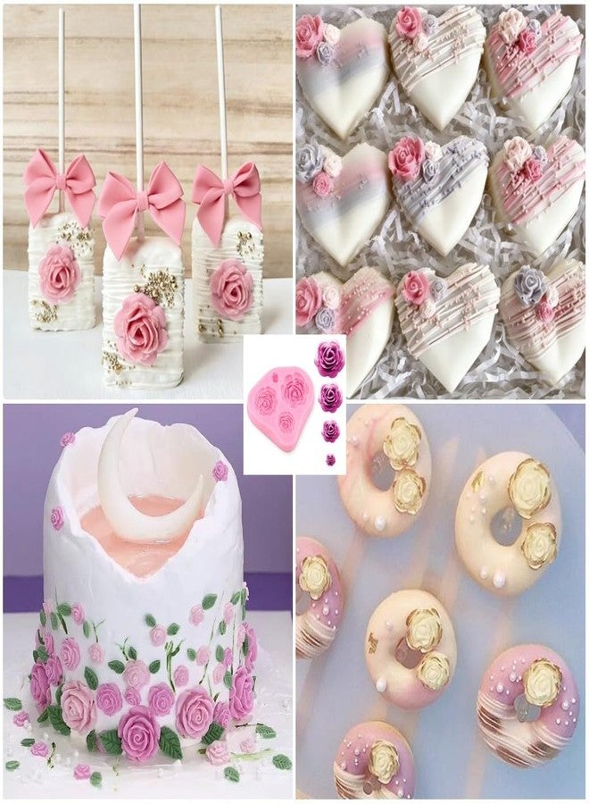 SUNKOOL Roses Mold Flower Silicone Cake Molds Chocolate Sugarcraft Decorating Fondant Fimo Tools 4 Size Pink 2 Piece - Image 2