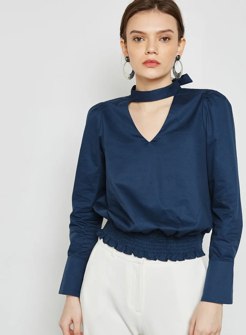 ELLA Shirred Hem Choker Tie Back Top
