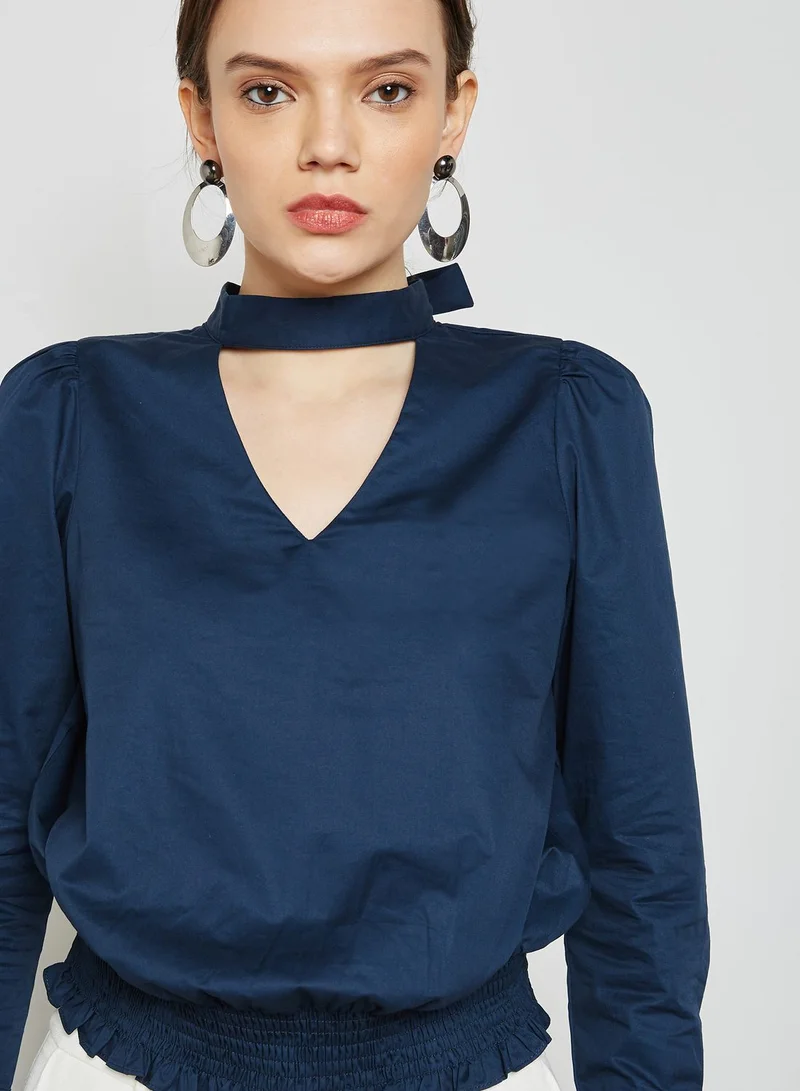 ELLA Shirred Hem Choker Tie Back Top