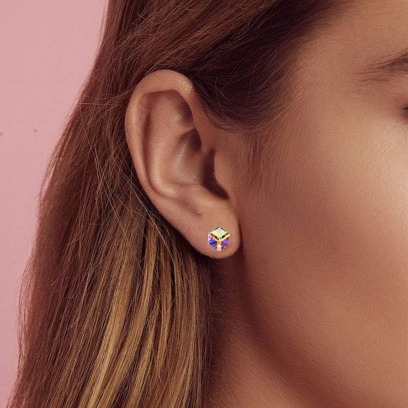 EVEVIC Cube Austrian Crystal Drop Stud Earrings for Women Fashion S925 Sterling Silver Hypoallergenic Jewelry (Rainbow) - Image 2