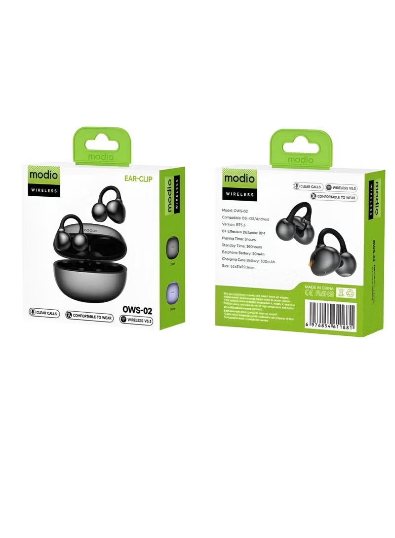 modio OWS-02 earphones with ear clip, Bluetooth, long battery life, comfortable silicone clip suitable for extended use, and Bluetooth 5.3 - Image 1