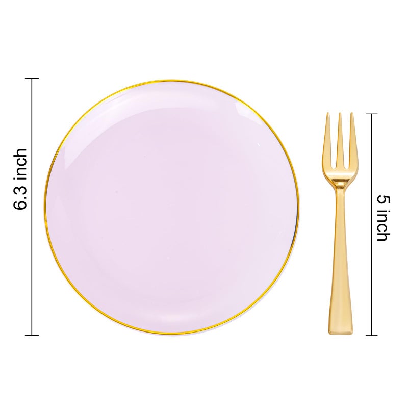Festiva 200Pcs Purple Gold Dessert Plates 6.3"" with Plastic Forks 5""- Disposable Lavender Purple Cake/Appetizer/Salad Plates - serve 100 guests for Party&Wedding&Easter - Image 1