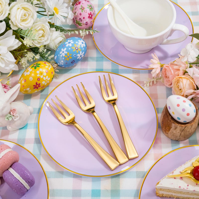 Festiva 200Pcs Purple Gold Dessert Plates 6.3"" with Plastic Forks 5""- Disposable Lavender Purple Cake/Appetizer/Salad Plates - serve 100 guests for Party&Wedding&Easter - Image 3