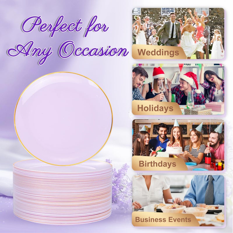Festiva 200Pcs Purple Gold Dessert Plates 6.3"" with Plastic Forks 5""- Disposable Lavender Purple Cake/Appetizer/Salad Plates - serve 100 guests for Party&Wedding&Easter - Image 2
