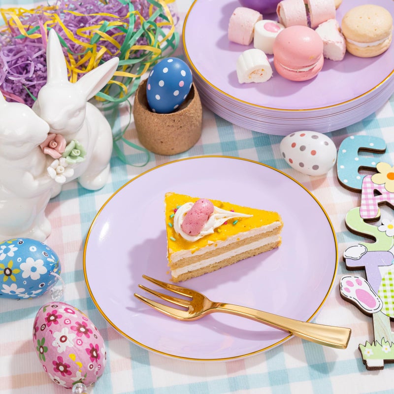 Festiva 200Pcs Purple Gold Dessert Plates 6.3"" with Plastic Forks 5""- Disposable Lavender Purple Cake/Appetizer/Salad Plates - serve 100 guests for Party&Wedding&Easter - Image 4