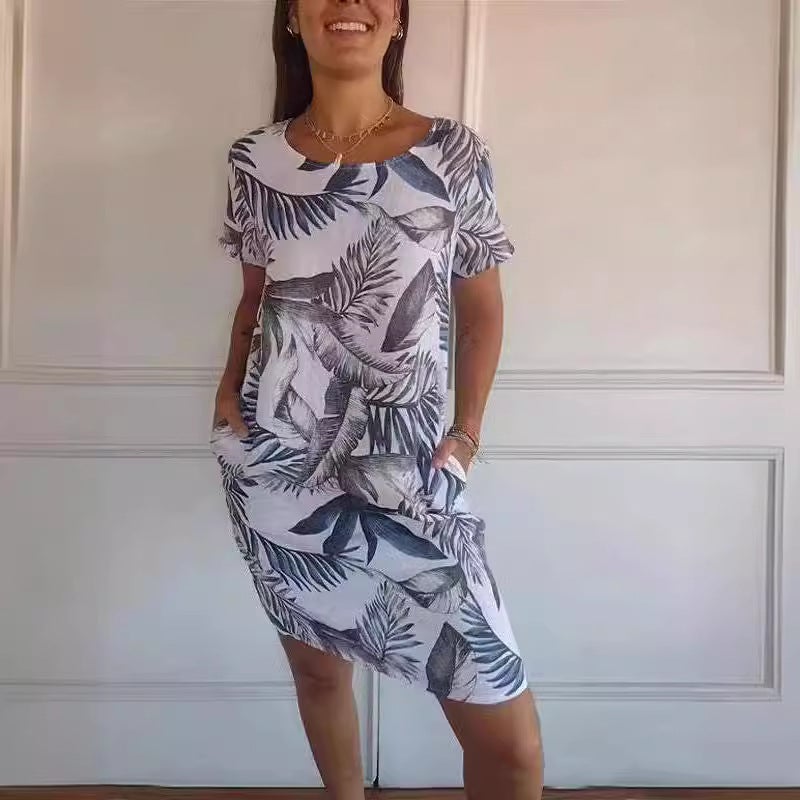 Women's Round Neck Loose Short Sleeve Printed A-Line Dress with Pockets - Image 1