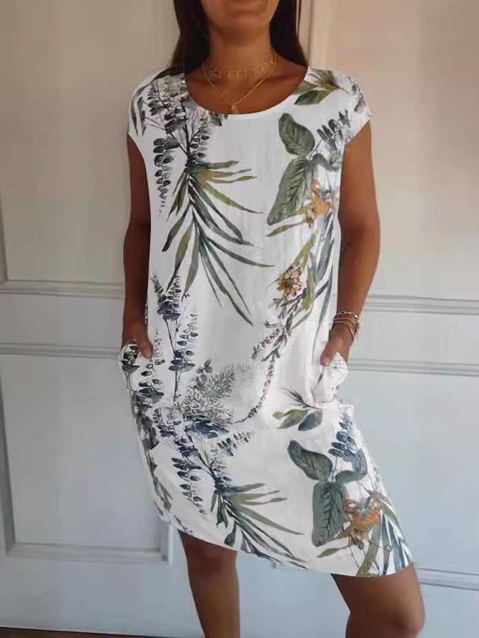 Women's Round Neck Loose Short Sleeve Printed A-Line Dress with Pockets - Image 2