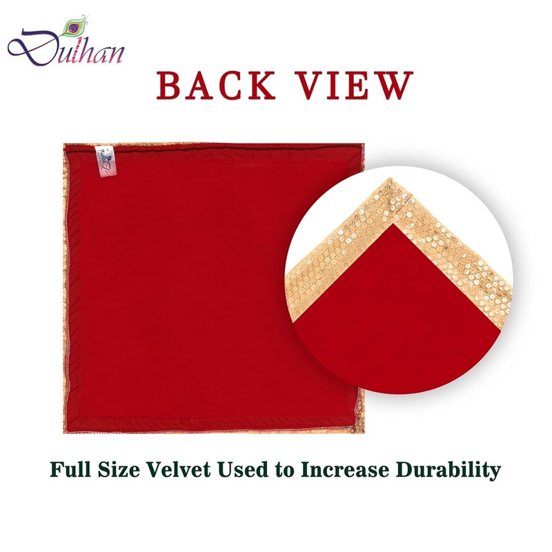 Dulhan DLC CD Lace Sequence Work Red Velvet Pooja Cloth for God 18x18 inch Altar Cloth for Puja Pack of 2 Medium Aasan for Home Temple or mandir - Image 3