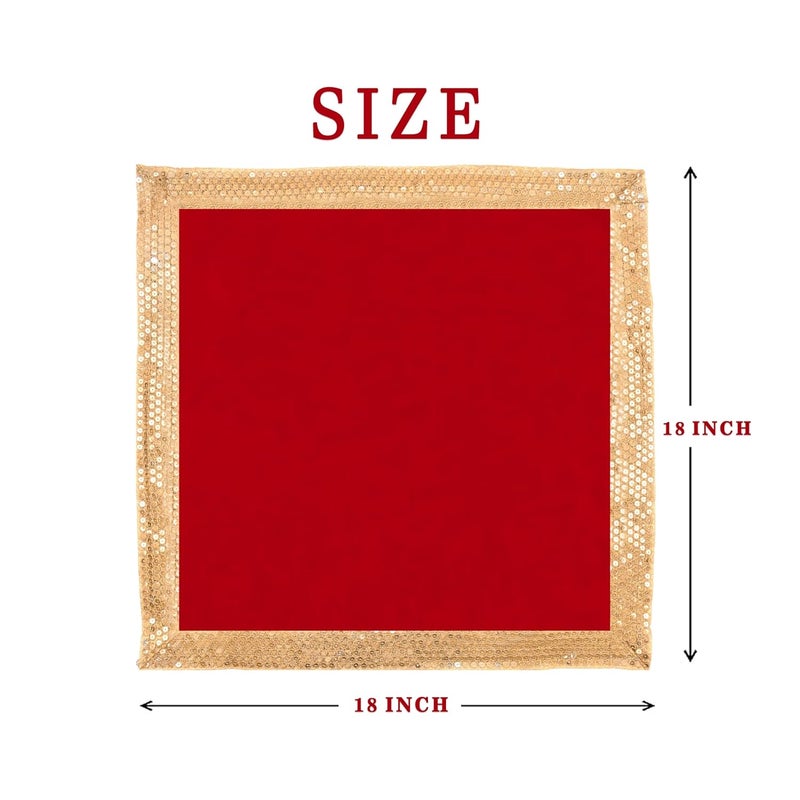 Dulhan DLC CD Lace Sequence Work Red Velvet Pooja Cloth for God 18x18 inch Altar Cloth for Puja Pack of 2 Medium Aasan for Home Temple or mandir - Image 2