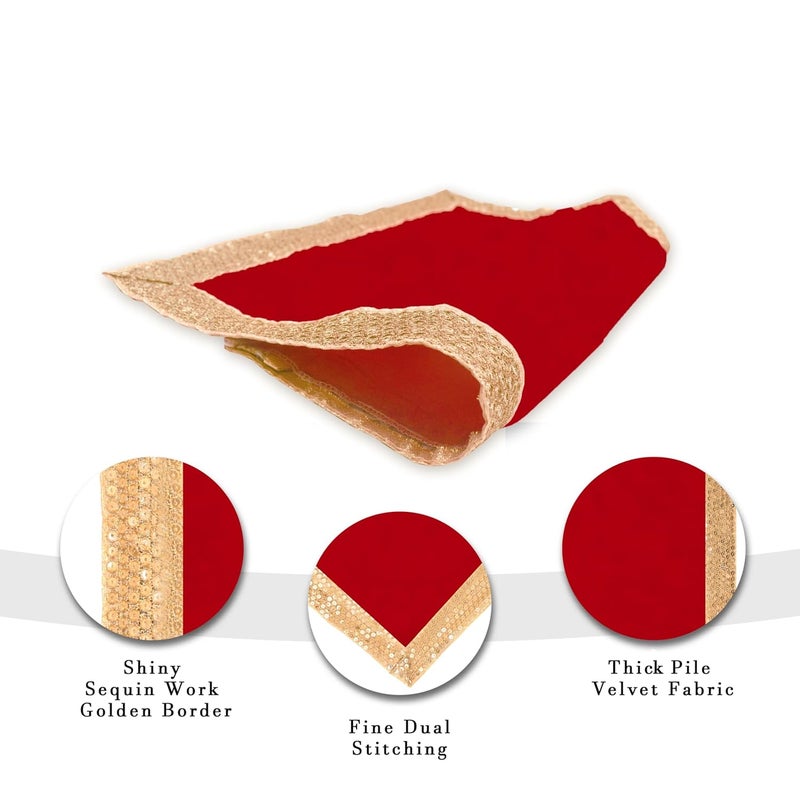 Dulhan DLC CD Lace Sequence Work Red Velvet Pooja Cloth for God 18x18 inch Altar Cloth for Puja Pack of 2 Medium Aasan for Home Temple or mandir - Image 4