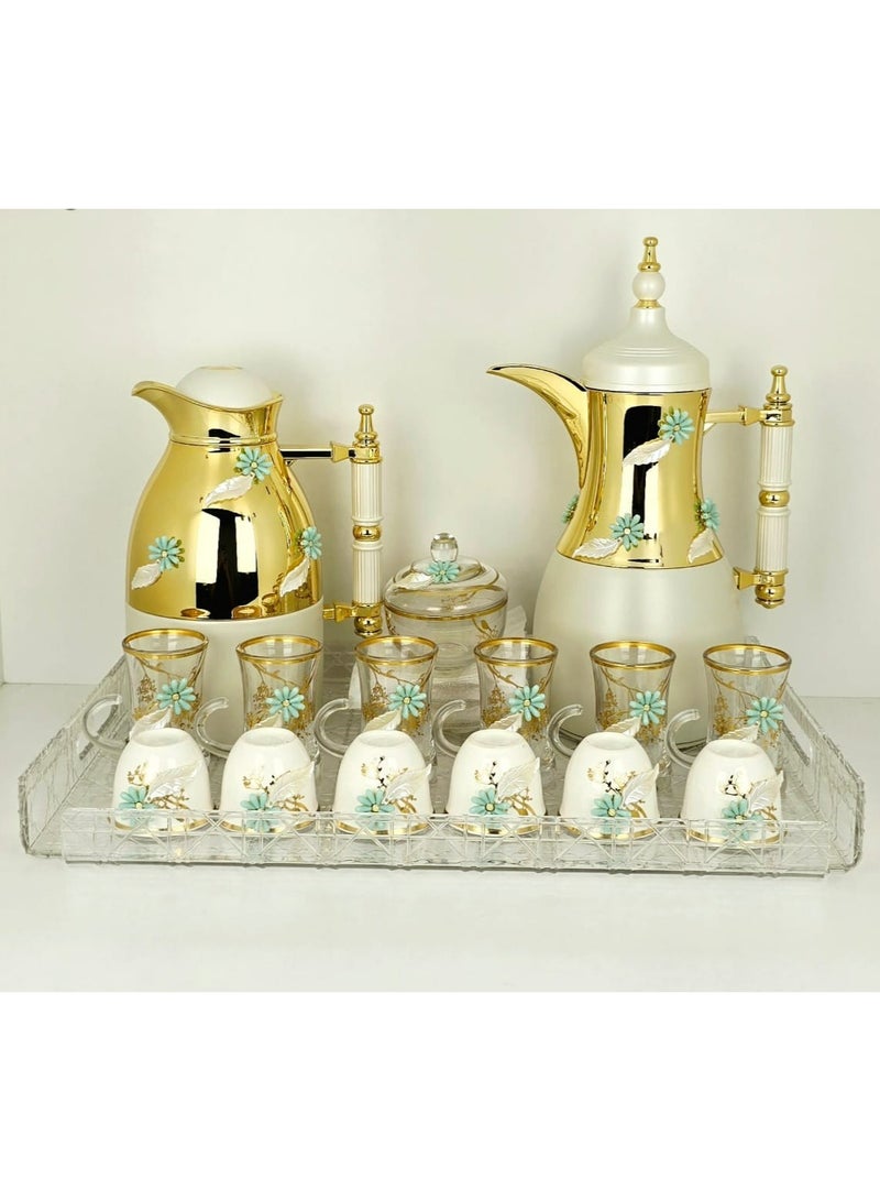 Damanhoor Exclusive 22 Piece Tea and Coffee Set Perfect For Ramadan Kareem 2 Thermos Flasks 6 Tea Cups With Saucers 6 Coffee Cups 1 Acrylic Tray 1 Sugar Bowl New Collection