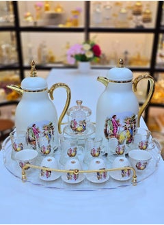 Damanhoor Exclusive 22 Piece Tea and Coffee Set Perfect For Ramadan Kareem 2 Thermos Flasks 6 Tea Cups With Saucers 6 Coffee Cups 1 Acrylic Tray 1 Sugar Bowl New Collection 