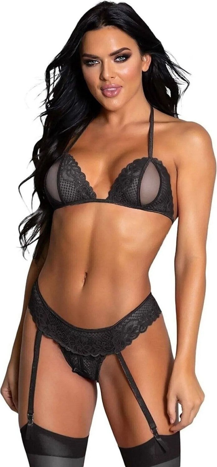 Qvien Secret Black Bra Panties Garter Set with Socks - JC-2128 - Image 1