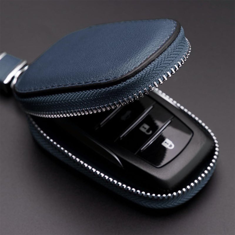 JNNJ Genuine Leather Car Key Case with Key Signal Protection Shield and Metal Zip Carabiner - Blue - Image 2