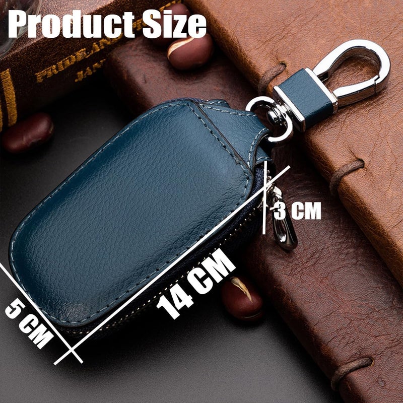 JNNJ Genuine Leather Car Key Case with Key Signal Protection Shield and Metal Zip Carabiner - Blue - Image 3