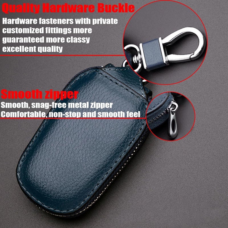 JNNJ Genuine Leather Car Key Case with Key Signal Protection Shield and Metal Zip Carabiner - Blue - Image 5