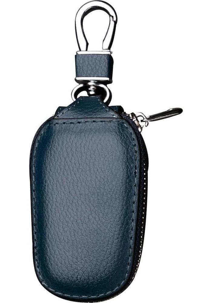 JNNJ Genuine Leather Car Key Case with Key Signal Protection Shield and Metal Zip Carabiner - Blue - Image 1